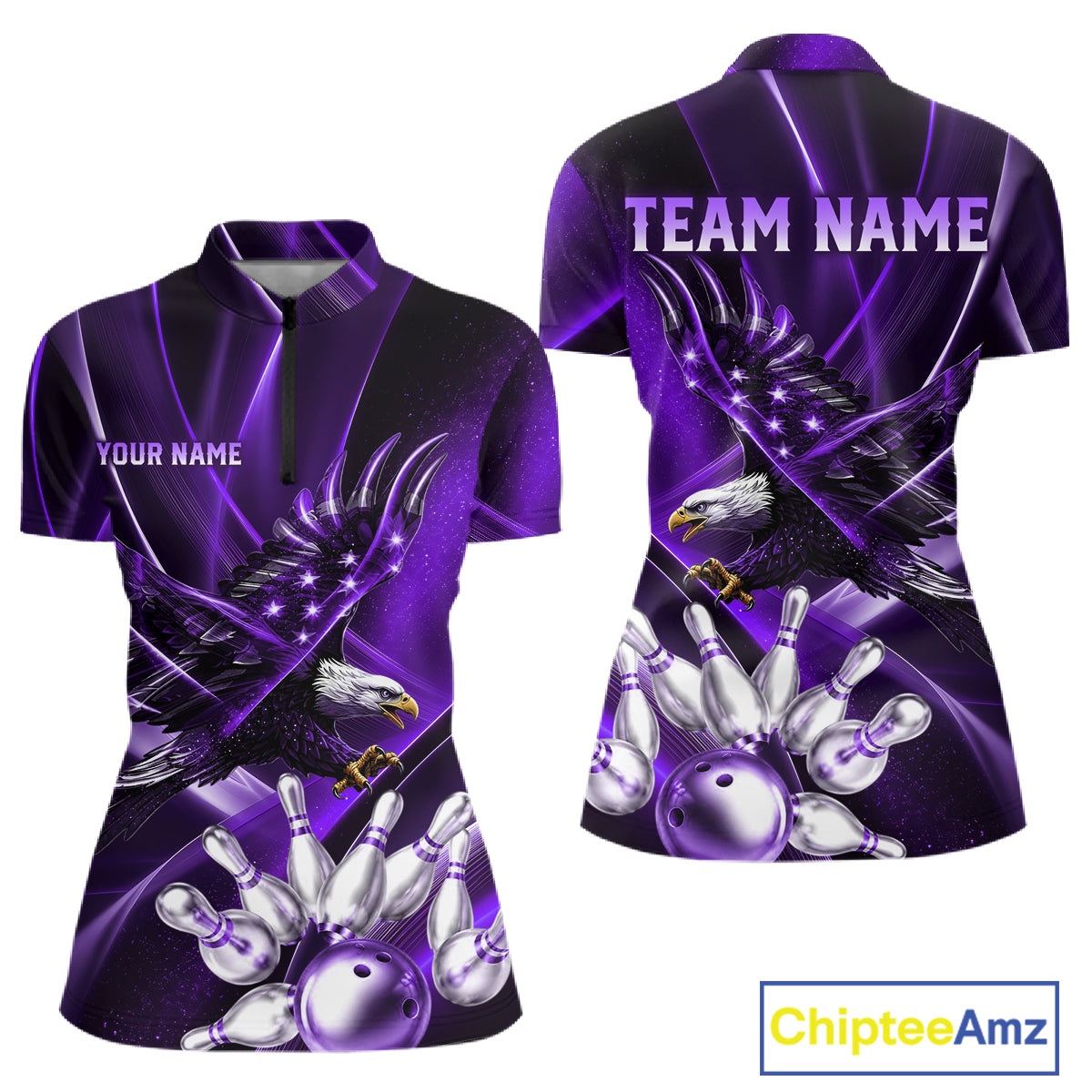 Purple Galaxy Eagle Bowling Shirt For Women Custom Polo Quarter-Zip Bowling Team Jersey NYN3681