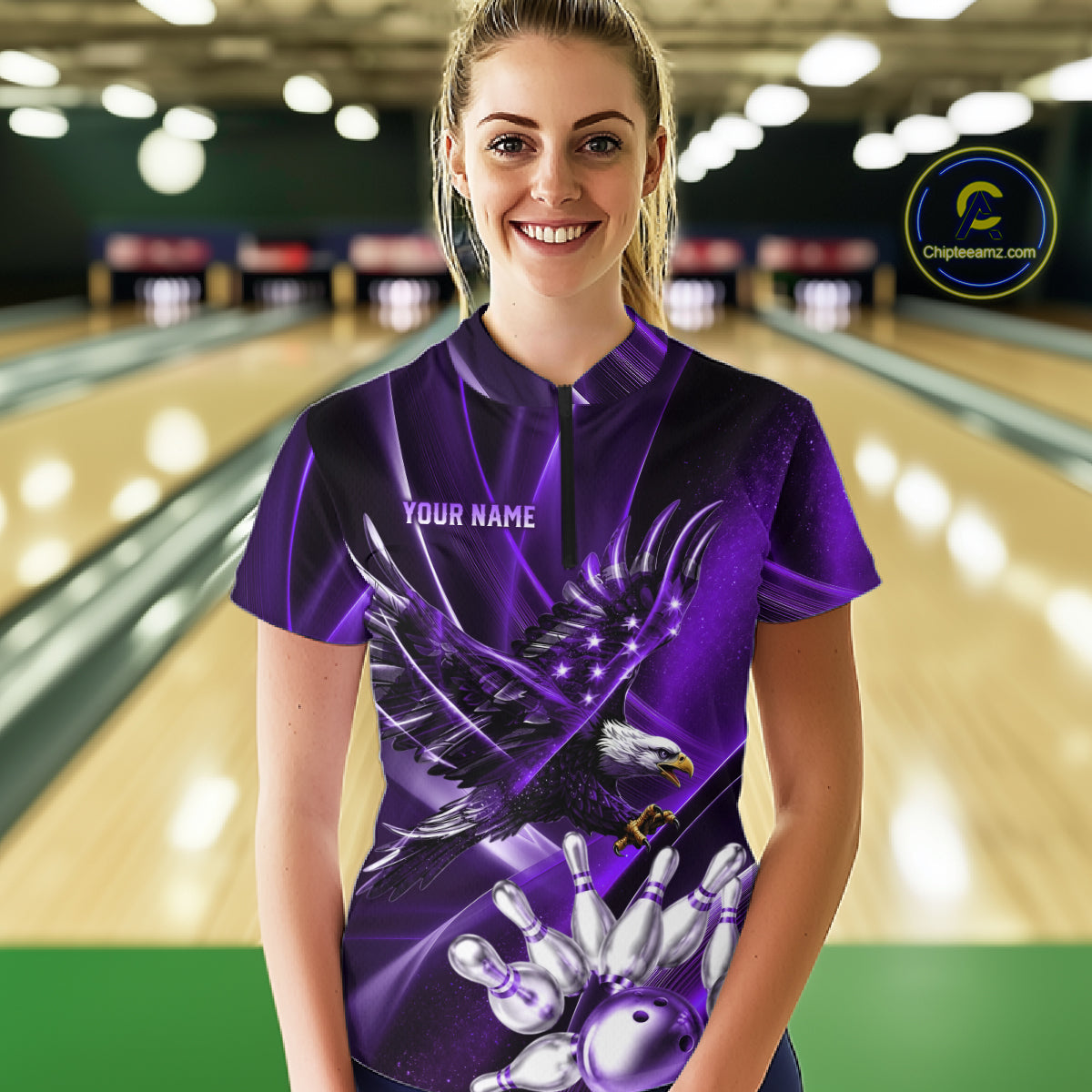 Purple Galaxy Eagle Bowling Shirt For Women Custom Polo Quarter-Zip Bowling Team Jersey NYN3681