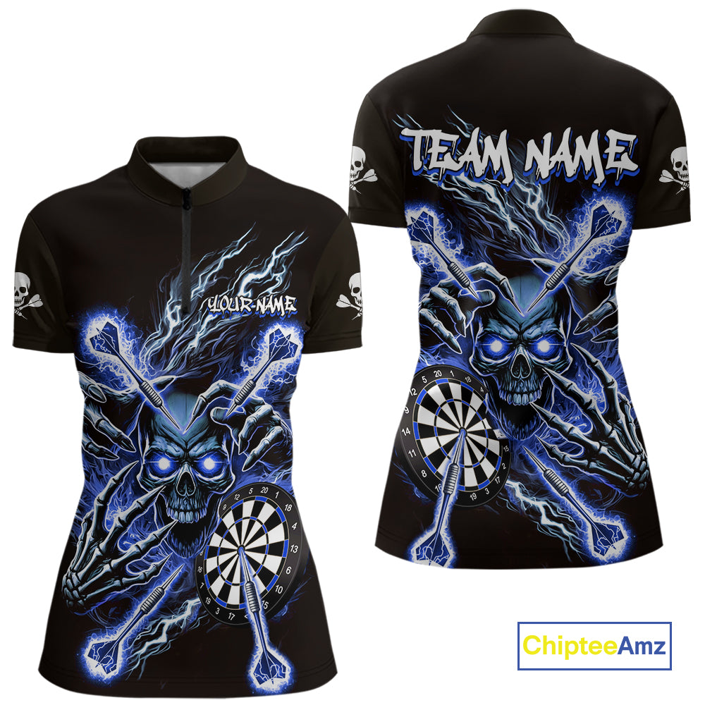 Personalized Blue Skeleton Thunder Lightning Women Dart Quarter- Zip Shirts Skull Dart Jerseys NYN2120