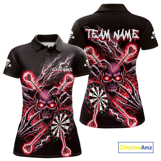 Personalized Red Skeleton Thunder Lightning Women Dart Polo Shirts Skull Dart Jerseys NYN2121