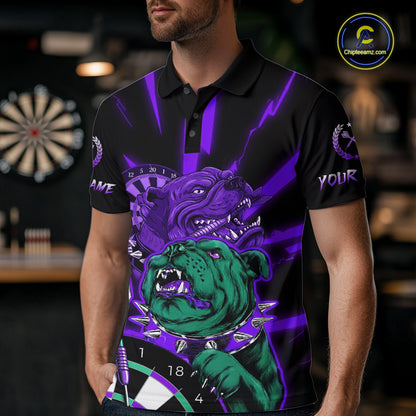 Custom Purple Neon Fierce Bulldog Thunder Men Darts Polo Shirt Funny Dart League Jerseys NYN2126