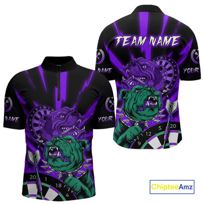 Custom Purple Neon Fierce Bulldog Thunder Men Darts Quarter- Zip Shirt Funny Dart League Jerseys NYN2126