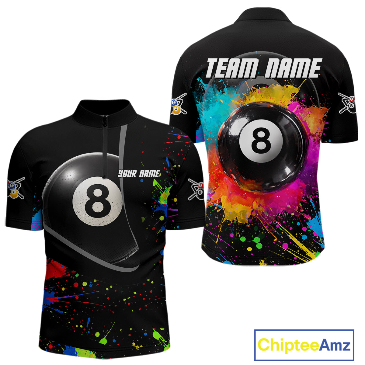 Colorful Splatter 8 Ball Pool Men Billiard Polo & 1/4-Zip Shirt Custom Billiards Balls Attire NYN2392