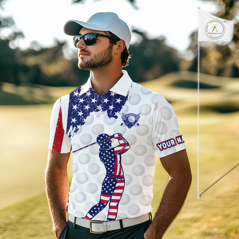 Custom Patriotic Golf Polo Shirts, Grunge US Flag Golf Ball White Men Best Golf Clothing Shirts NYN2991
