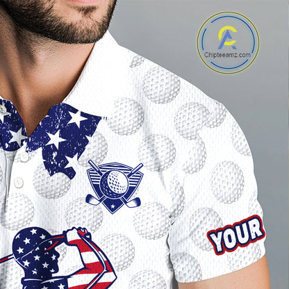 Custom Patriotic Golf Polo Shirts, Grunge US Flag Golf Ball White Men Best Golf Clothing Shirts NYN2991