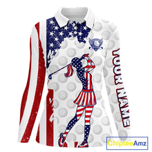 Load image into Gallery viewer, Custom Patriotic Golf Polo Shirts, Grunge US Flag Golf Ball White Women Best Golf Clothing Shirts NYN2991