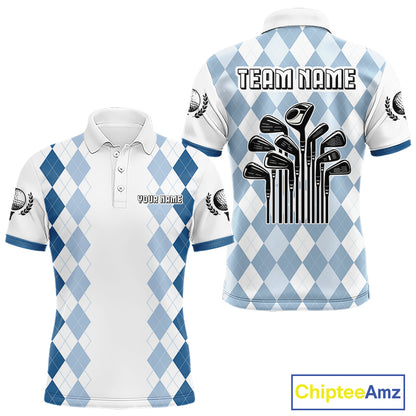Mens Argyle Pattern Golf Polo Shirts, Blue Argyle Golf Attire Custom Golf Clubs Pattern Upf Shirts NYN2999