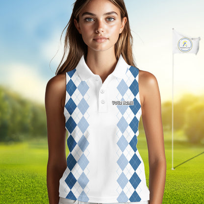 Womens Argyle Pattern Golf Sleeveless Polo Shirts, Blue Argyle Golf Attire Custom Golf Clubs Pattern Upf Shirts NYN2999