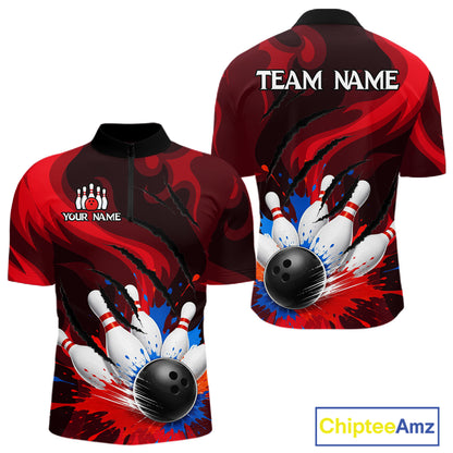 Colorful Splatter Bowling Ball And Pins Shirt For Men Black Red Team Jersey
