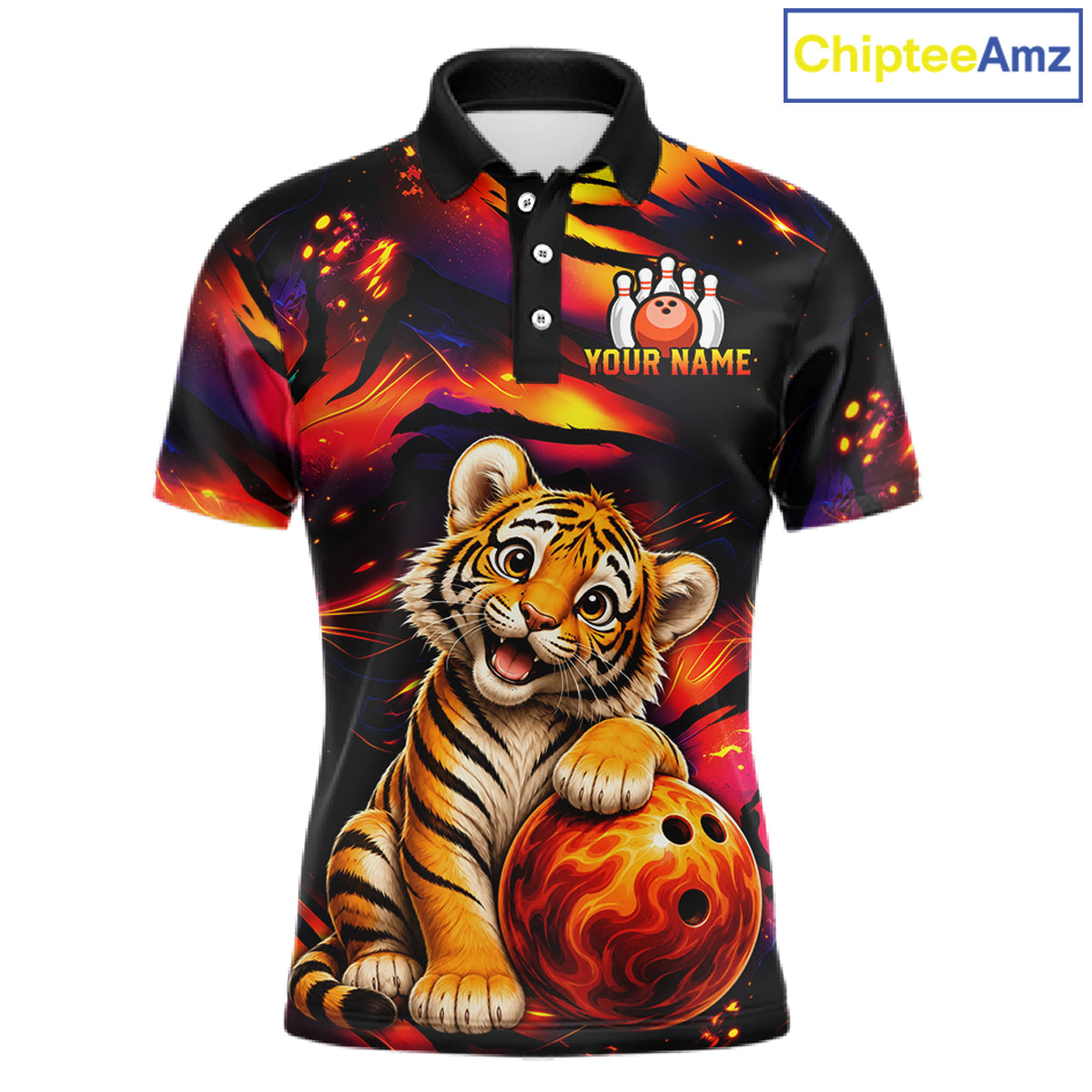 Men's bowling polo featuring fierce tiger with colorful claws and fire flames, personalized bowling tournament apparel for tiger lovers, martial artists, wildlife enthusiasts and competitive bowlers, symbolizing strength, courage, determination and fearless leadership.