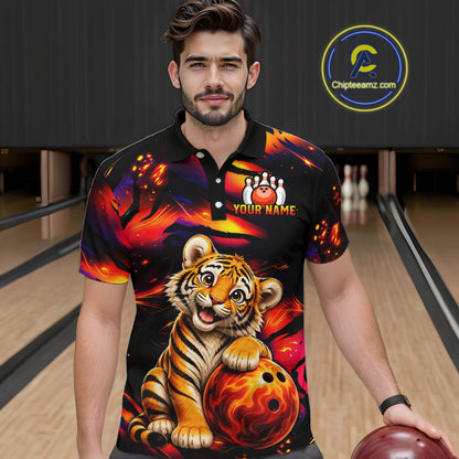 Male bowler wearing tiger fire bowling jersey during USBC championship, premium athletic apparel for wildlife lovers, symbolizing strength, discipline and fearless ambition.