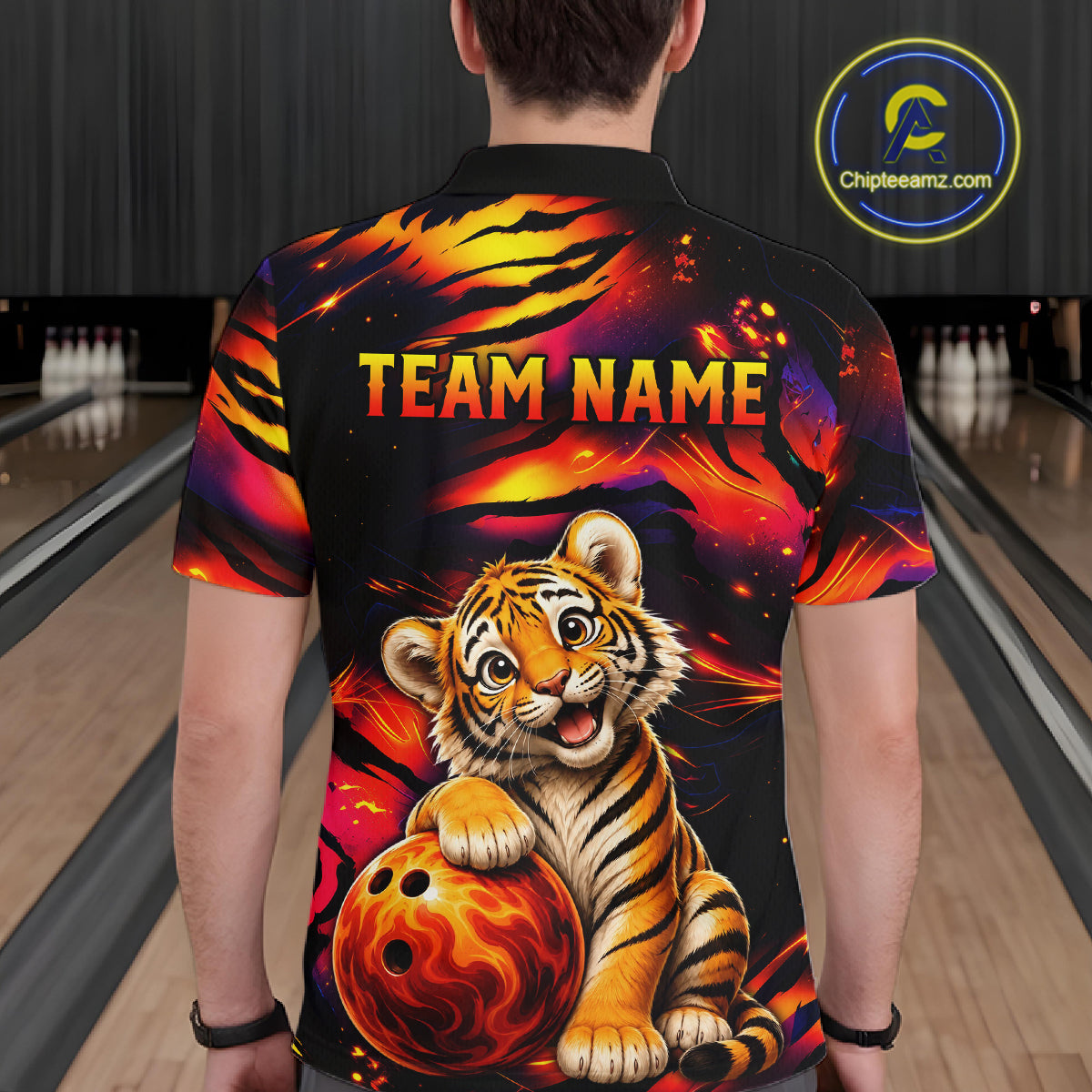Male bowler wearing tiger fire bowling jersey during USBC championship, premium athletic apparel for wildlife lovers, symbolizing strength, discipline and fearless ambition.