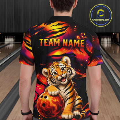 Male bowler wearing tiger fire bowling jersey during USBC championship, premium athletic apparel for wildlife lovers, symbolizing strength, discipline and fearless ambition.