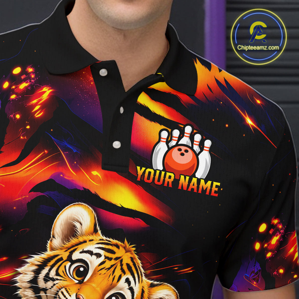 Male bowler wearing tiger fire bowling jersey during USBC championship, premium athletic apparel for wildlife lovers, symbolizing strength, discipline and fearless ambition.