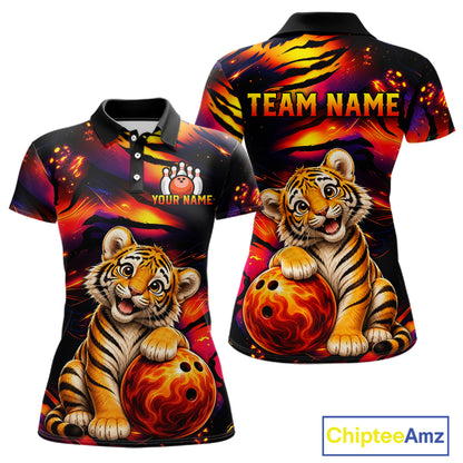 Women's bowling polo featuring fierce tiger with colorful claws and fire flames, personalized bowling apparel for wildlife lovers, martial arts fans and big cat enthusiasts, symbolizing strength, courage, leadership and fearless ambition.