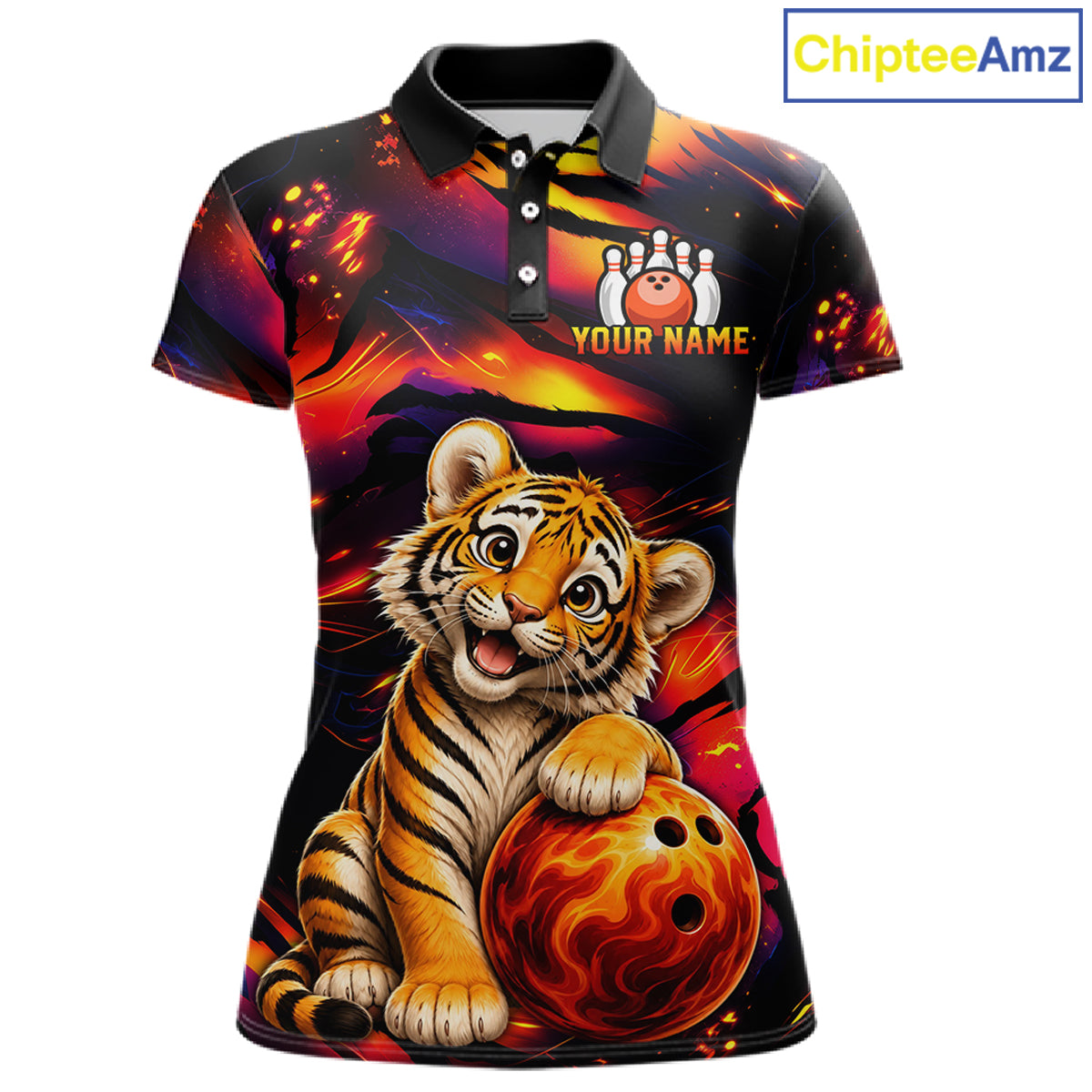 Women's bowling polo featuring fierce tiger with colorful claws and fire flames, personalized bowling apparel for wildlife lovers, martial arts fans and big cat enthusiasts, symbolizing strength, courage, leadership and fearless ambition.