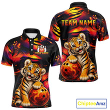 Load image into Gallery viewer, Men's bowling polo featuring fierce tiger with colorful claws and fire flames, personalized bowling tournament apparel for tiger lovers, martial artists, wildlife enthusiasts and competitive bowlers, symbolizing strength, courage, determination and fearless leadership.