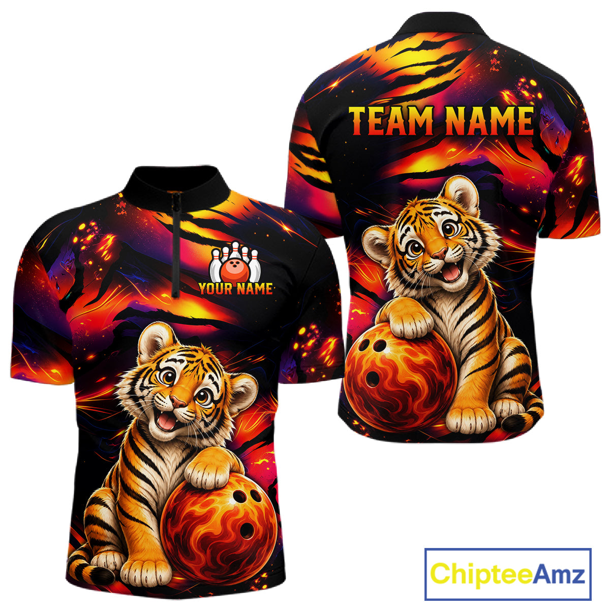 Men's quarter-zip bowling jersey featuring tiger fire flame graphics, breathable performance bowling apparel symbolizing power, courage, victory and unstoppable spirit.