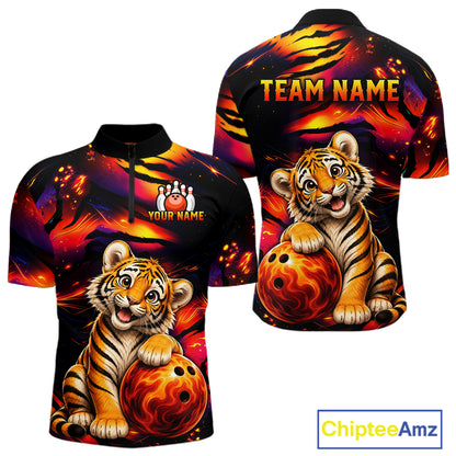 Men's quarter-zip bowling jersey featuring tiger fire flame graphics, breathable performance bowling apparel symbolizing power, courage, victory and unstoppable spirit.