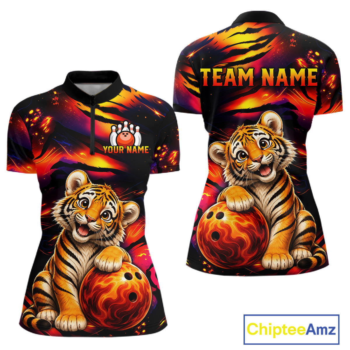 Women's quarter-zip bowling jersey featuring blazing tiger artwork, premium tournament bowling apparel representing confidence, passion and championship excellence.