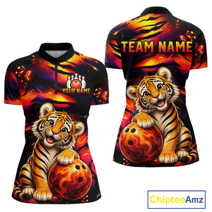 Women's quarter-zip bowling jersey featuring blazing tiger artwork, premium tournament bowling apparel representing confidence, passion and championship excellence.