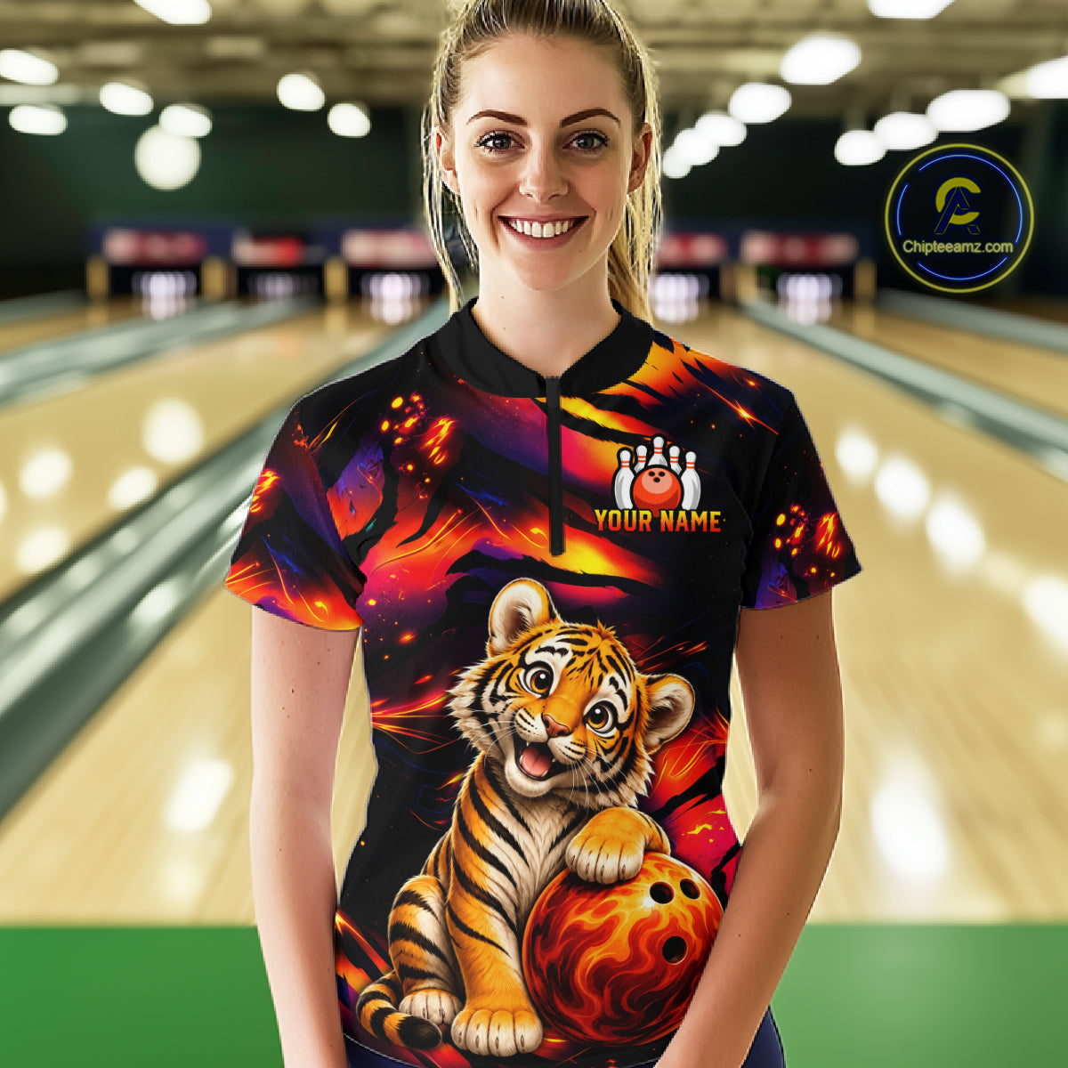 Female bowler wearing tiger fire bowling jersey during league competition, personalized bowling apparel symbolizing power, resilience and competitive spirit.