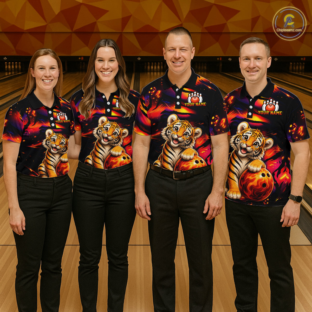 Bowling team wearing matching tiger fire jerseys during tournament finals, representing unity, fearless teamwork, determination and championship success.