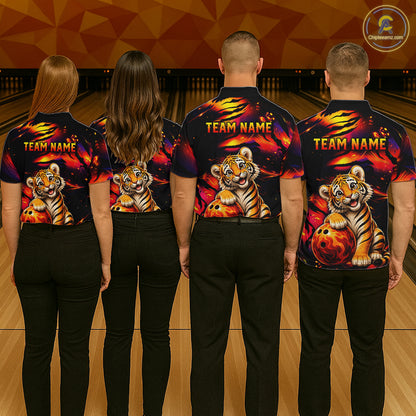 Bowling team wearing matching tiger fire jerseys during tournament finals, representing unity, fearless teamwork, determination and championship success.