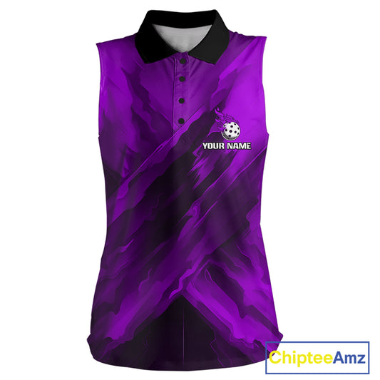 Custom Fire Flame Purple Pickleball Ball Sleeveless Polo Shirts For Women Outfits Pickleball Team Jerseys NYN2787