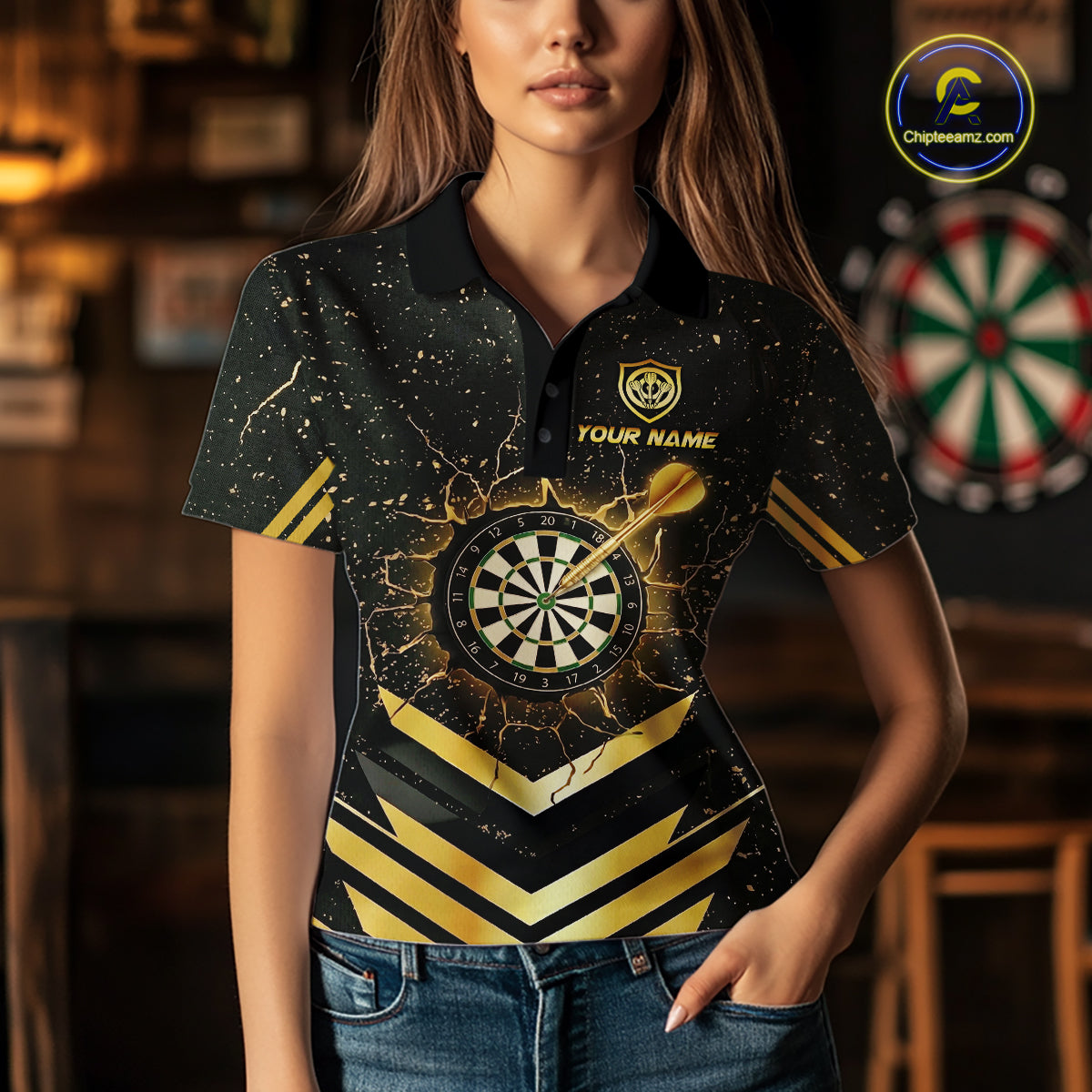 Black And Gold Dartboard Women Dart Polo & 1/4-Zip Shirt Custom Cracked Dart Jersey For Darters NYN3002