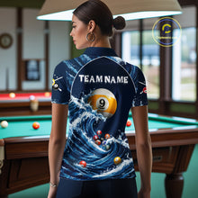 Load image into Gallery viewer, Female model wearing Funny Shark women's billiard polo, custom pool team jersey, cue sports apparel, tournament clothing, fun player gift