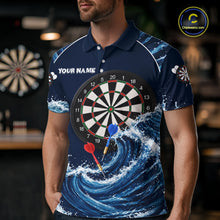Load image into Gallery viewer, Male model wearing Blue Waving darts polo, personalized tournament jersey, custom dart league clothing, championship athletic performance wear