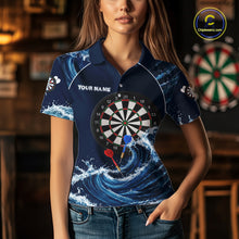 Load image into Gallery viewer, Female model wearing Blue Waving women's darts polo, custom dart team jersey, tournament apparel, personalized performance clothing, competitive league sportswear