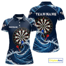 Load image into Gallery viewer, Blue Waving dartboard women's darts polo featuring flowing wave graphics, custom dart tournament jersey, personalized league apparel, precision-inspired performance clothing, steel tip darts uniform