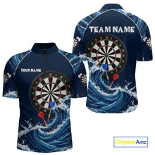 Load image into Gallery viewer, Blue Waving men's quarter-zip darts shirt, custom dart tournament jersey, personalized league uniform, moisture-wicking performance sportswear, precision-inspired apparel