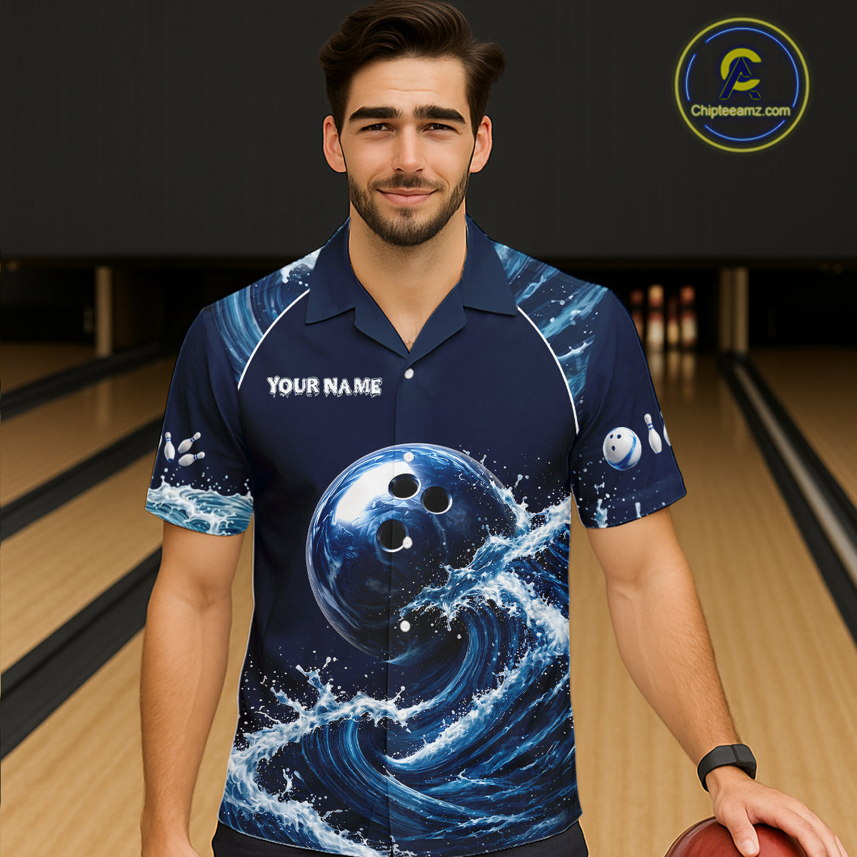 Male model wearing Blue Waving bowling tournament polo, personalized bowling league jersey, custom bowling club apparel, athletic performance shirt, championship-inspired bowling uniform