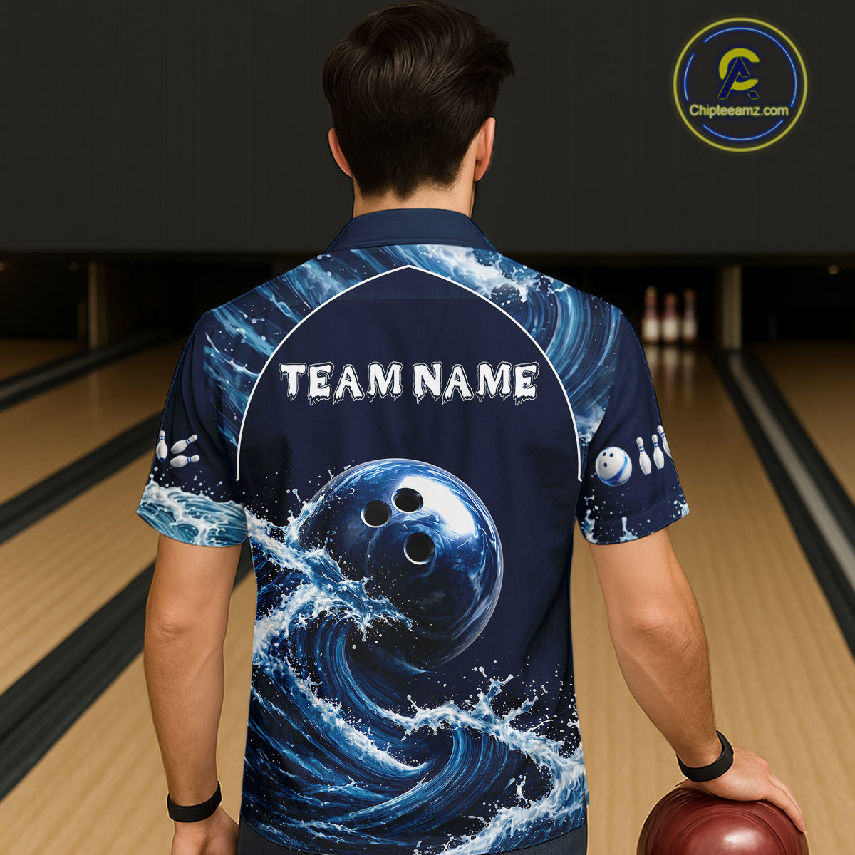 Male model wearing Blue Waving bowling tournament polo, personalized bowling league jersey, custom bowling club apparel, athletic performance shirt, championship-inspired bowling uniform