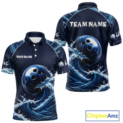 Blue Waving men's bowling polo with dynamic wave bowling ball artwork, custom bowling team shirt, personalized tournament jersey, league bowling apparel, bowling club uniform, performance sports polo