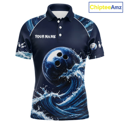 Blue Waving men's bowling polo with dynamic wave bowling ball artwork, custom bowling team shirt, personalized tournament jersey, league bowling apparel, bowling club uniform, performance sports polo