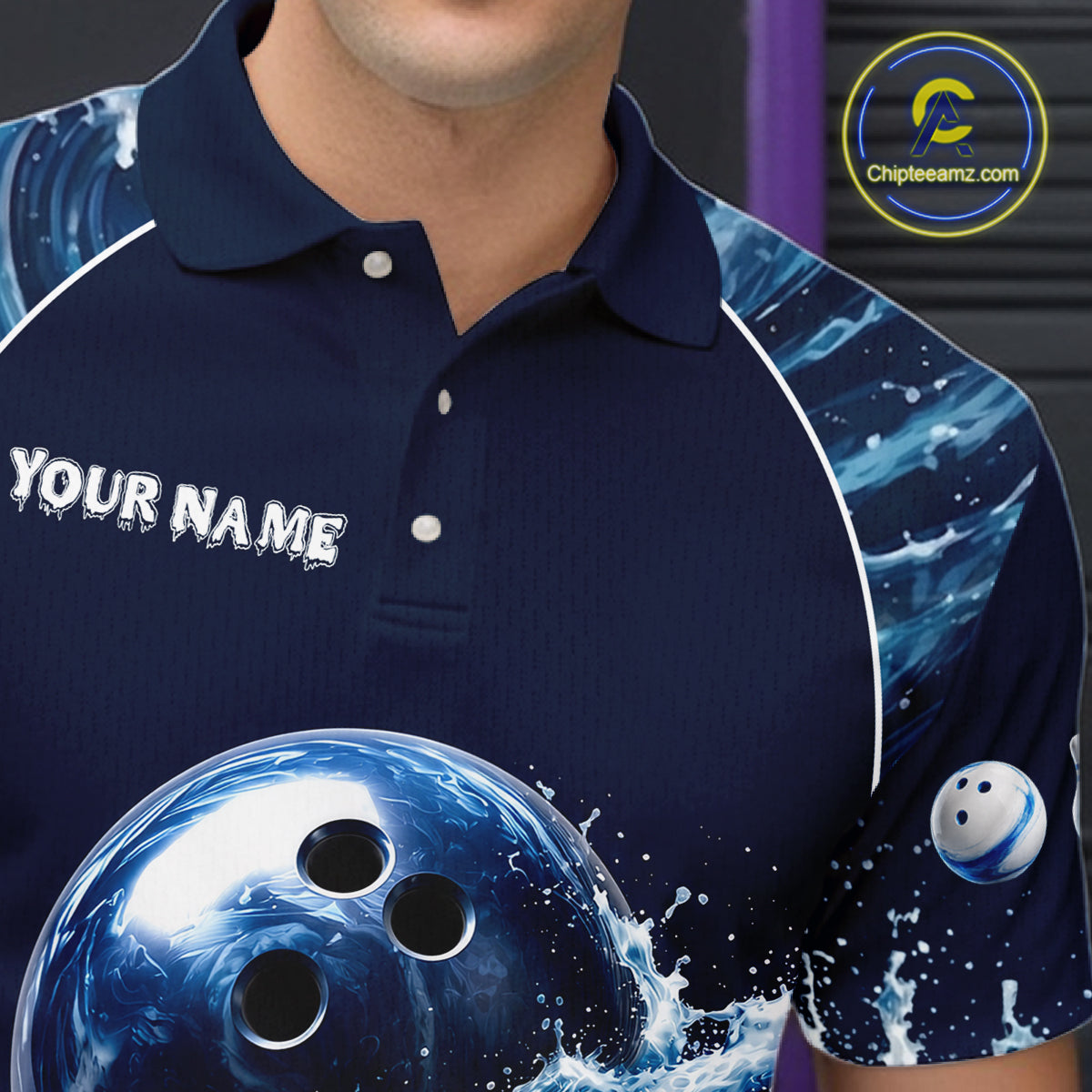 Male model wearing Blue Waving bowling tournament polo, personalized bowling league jersey, custom bowling club apparel, athletic performance shirt, championship-inspired bowling uniform