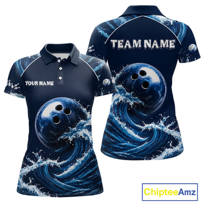 Blue Waving women's bowling ball polo shirt featuring flowing wave graphics, personalized bowling team jersey, custom tournament apparel, league uniform, moisture-wicking performance polo, championship bowling clothing, athletic bowling apparel