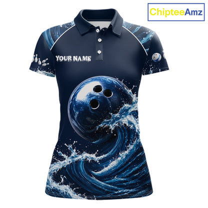 Blue Waving women's bowling ball polo shirt featuring flowing wave graphics, personalized bowling team jersey, custom tournament apparel, league uniform, moisture-wicking performance polo, championship bowling clothing, athletic bowling apparel