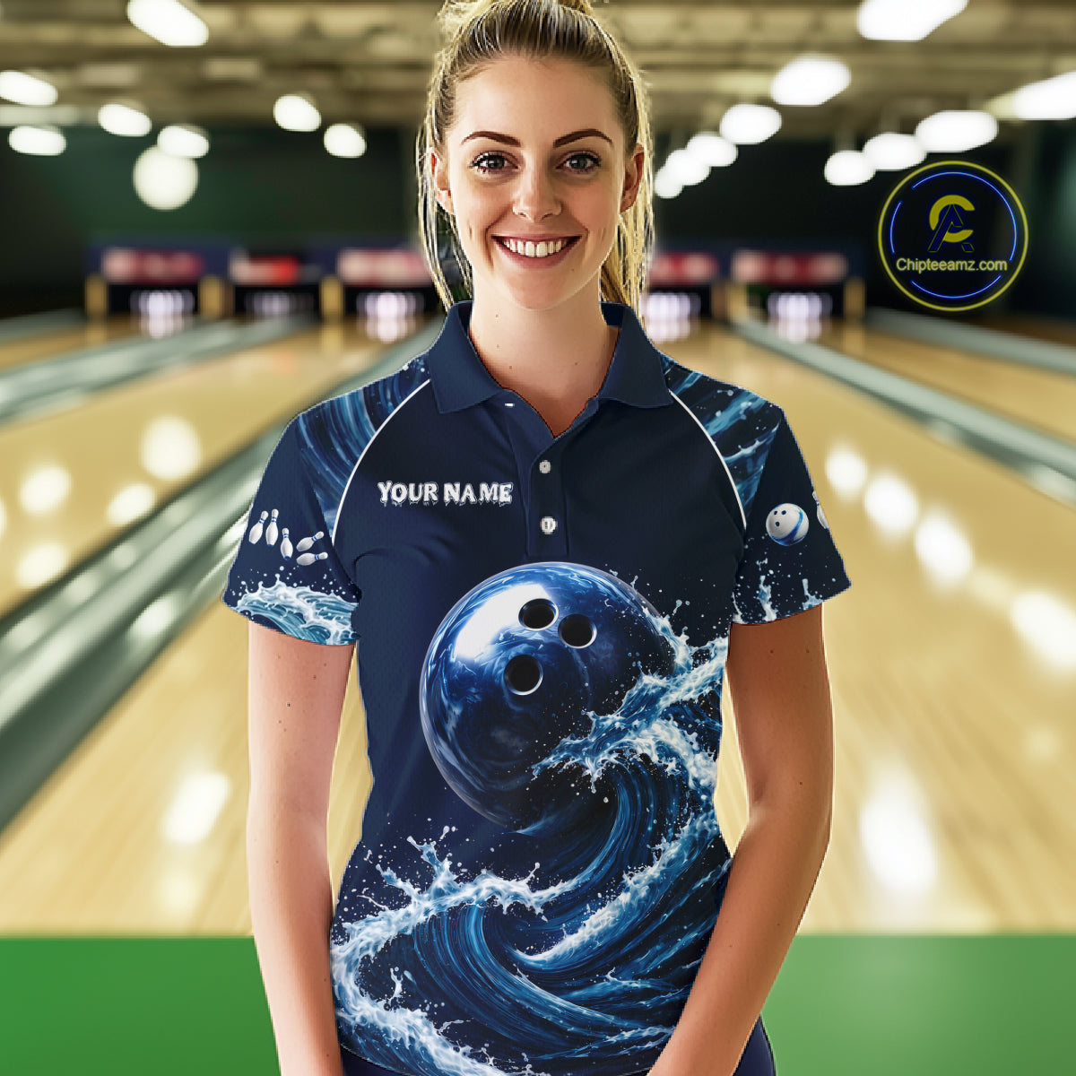 Female model wearing Blue Waving bowling polo, custom women's bowling team jersey, league tournament apparel, moisture-wicking bowling clothing, personalized sports uniform