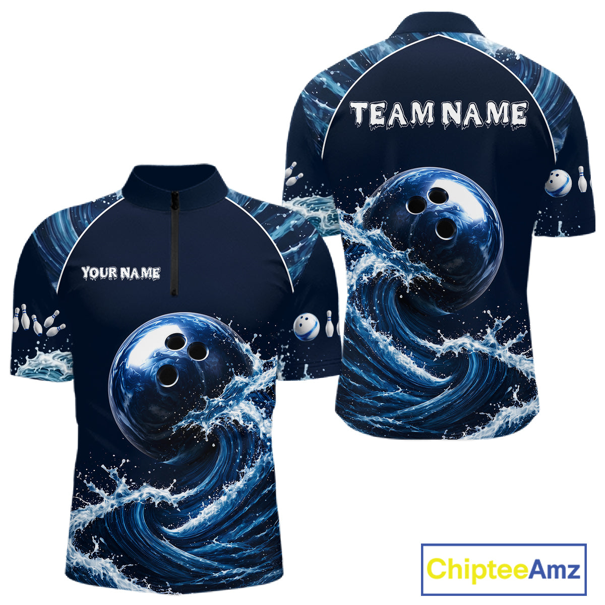 Blue Waving men's quarter-zip bowling jersey with bowling ball design, personalized bowling team apparel, league tournament uniform, moisture-wicking sportswear, competitive bowling polo
