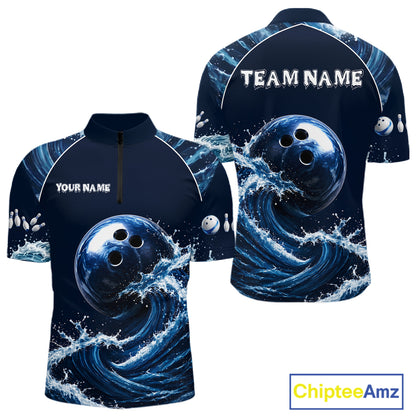 Blue Waving men's quarter-zip bowling jersey with bowling ball design, personalized bowling team apparel, league tournament uniform, moisture-wicking sportswear, competitive bowling polo
