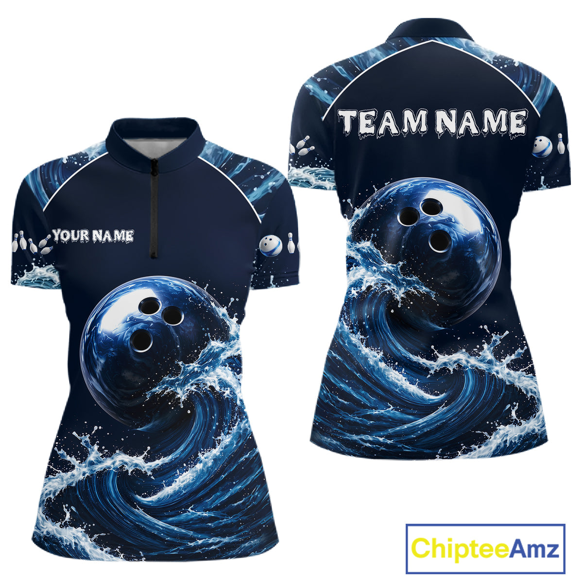 Blue Waving women's quarter-zip bowling shirt featuring vibrant bowling ball graphics, custom league jersey, personalized bowling tournament apparel, athletic performance uniform, championship bowling clothing