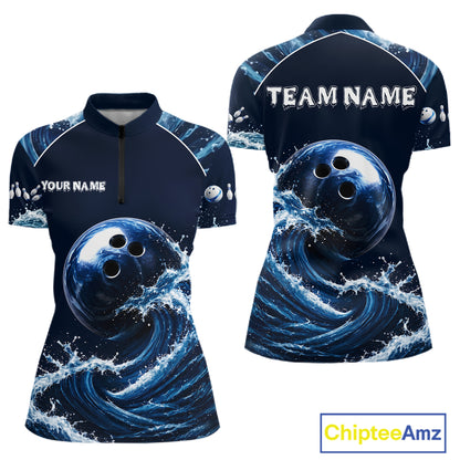Blue Waving women's quarter-zip bowling shirt featuring vibrant bowling ball graphics, custom league jersey, personalized bowling tournament apparel, athletic performance uniform, championship bowling clothing