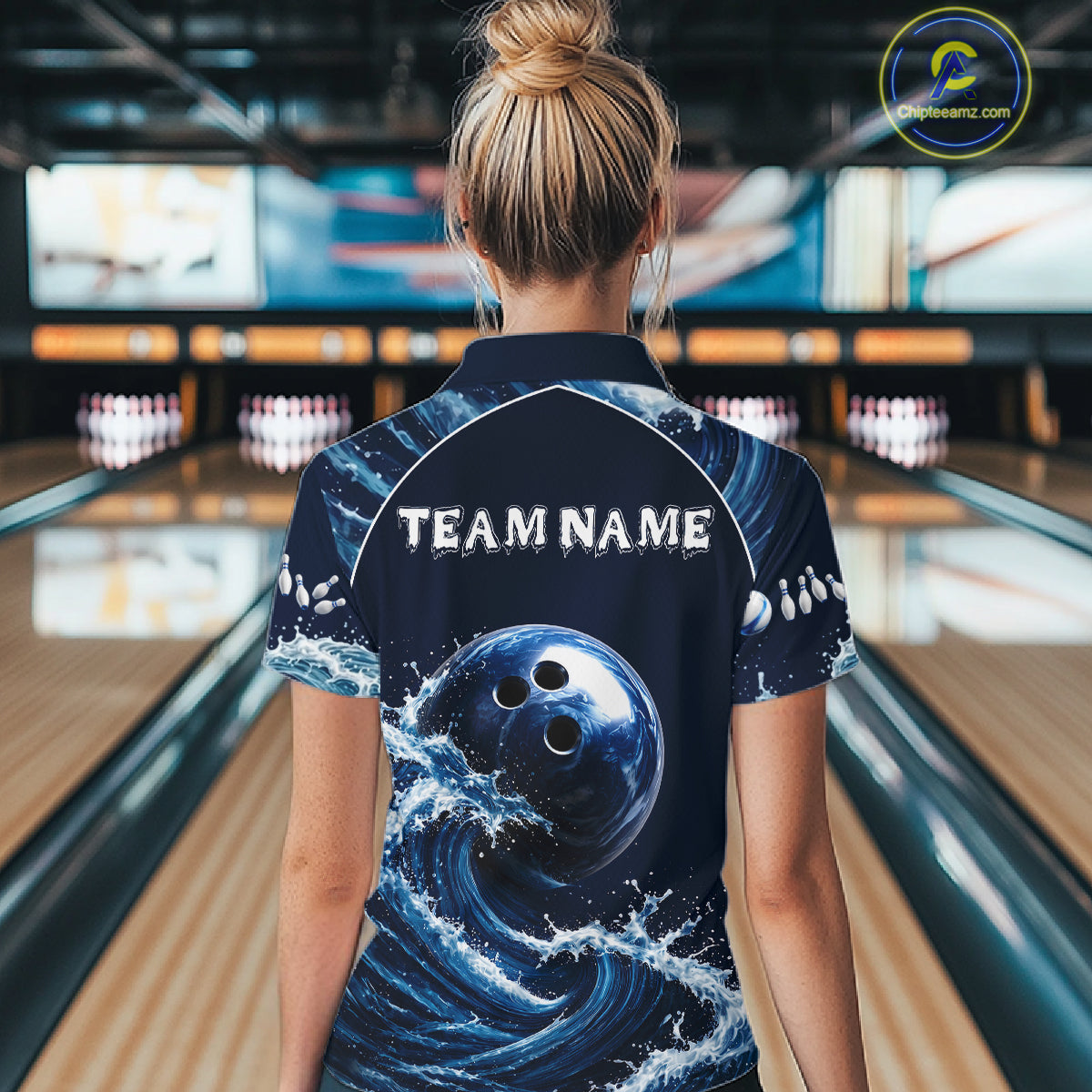 Female model wearing Blue Waving bowling polo, custom women's bowling team jersey, league tournament apparel, moisture-wicking bowling clothing, personalized sports uniform