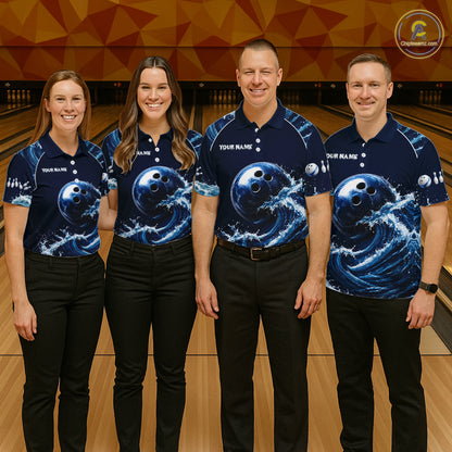 Matching Blue Waving bowling team uniforms for men and women, custom bowling league jerseys, bowling tournament apparel, championship sportswear, bowling club clothing, team spirit performance uniforms