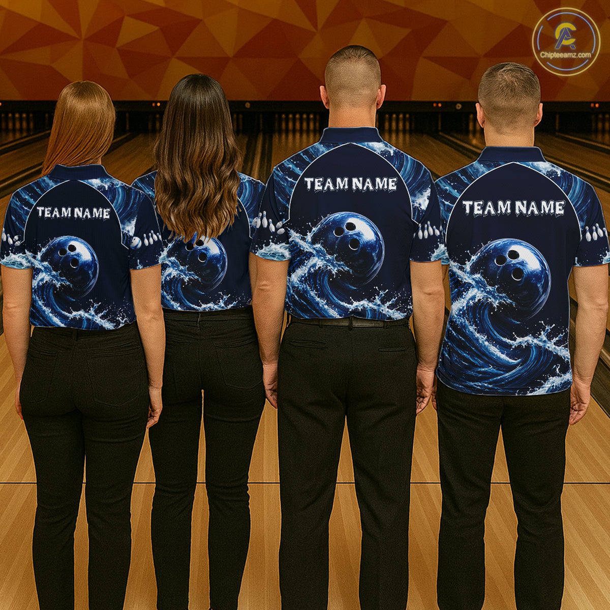 Matching Blue Waving bowling team uniforms for men and women, custom bowling league jerseys, bowling tournament apparel, championship sportswear, bowling club clothing, team spirit performance uniforms
